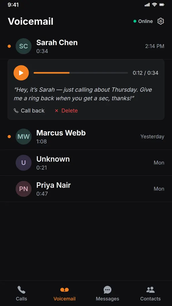 Visual voicemail with transcript in the UnlimCall app